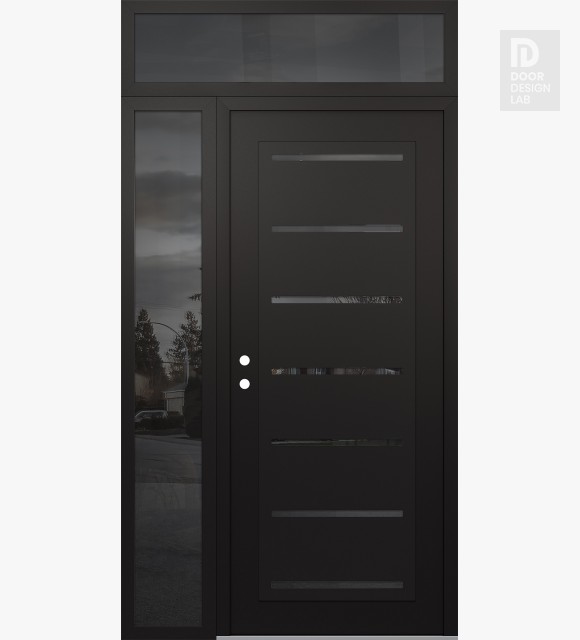 Modern Steel Front Door Diamond C11 50" x 96" black/black mirrored Glass Panel black RHI with Sidelite and Transom mirrored Glass