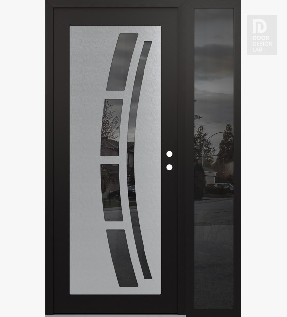 Modern Steel Front Door Diamond C12 50" x 80" black/black mirrored Glass Panel stainless steel LHI with Sidelite mirrored Glass