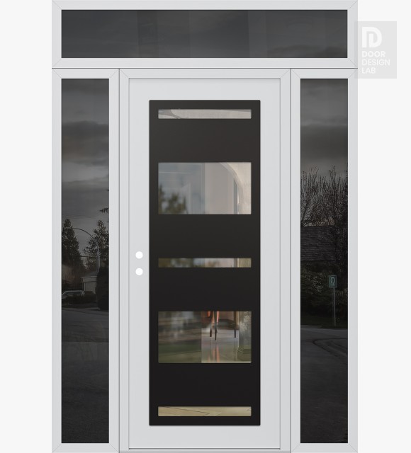 Modern Steel Front Door Diamond C10 64" x 96" white/white clear Glass Panel black RHI with 2 Sidelites and Transom mirrored Glass