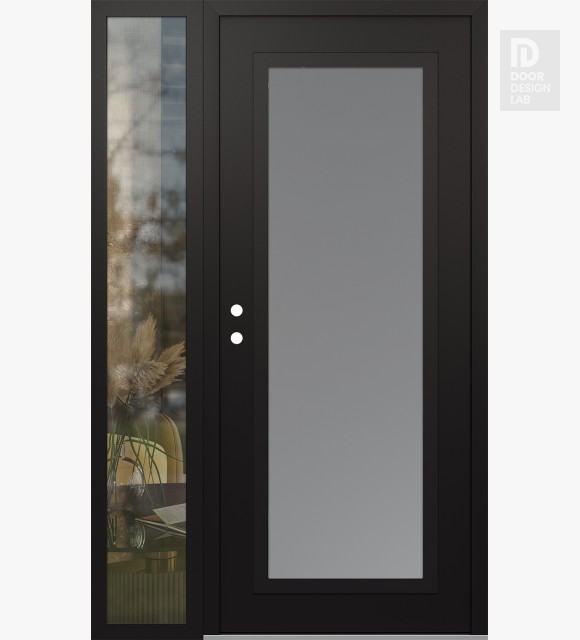 Modern Steel Front Door Diamond C1 50" x 80" black/white frosted Glass Panel black RHI with Sidelite clear Glass