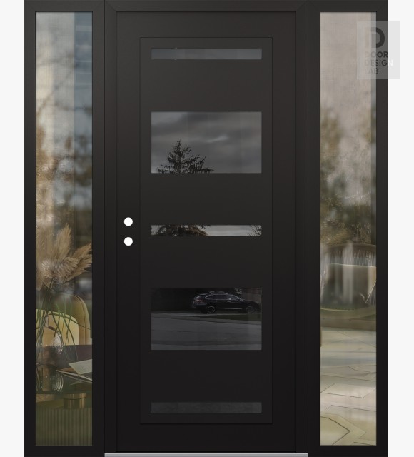 Modern Steel Front Door Diamond C10 68" x 80" black/black mirrored Glass Panel black RHI with 2 Sidelites clear Glass