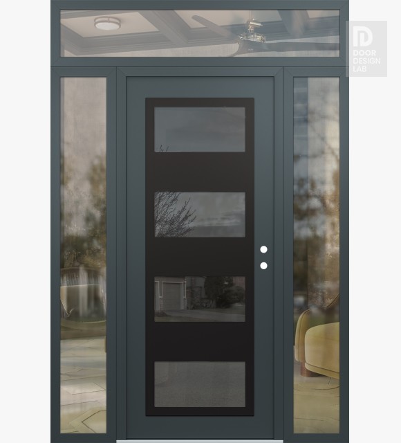 Modern Steel Front Door Diamond C2 60" x 96" anthracite/anthracite mirrored Glass Panel black LHI with 2 Sidelites and Transom clear Glass