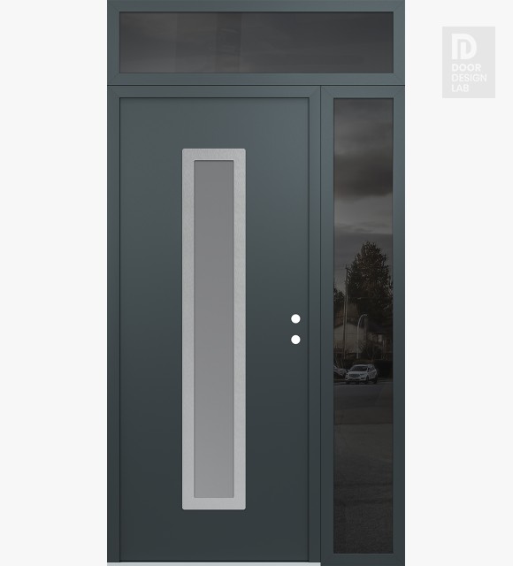 Modern Steel Front Door DIAMOND A11 52" X 96" ANTHRACITE/ANTHRACITE FROSTED GLASS PANEL STAINLESS STEEL LHI WITH SIDELITE AND TRANSOM MIRRORED GLASS