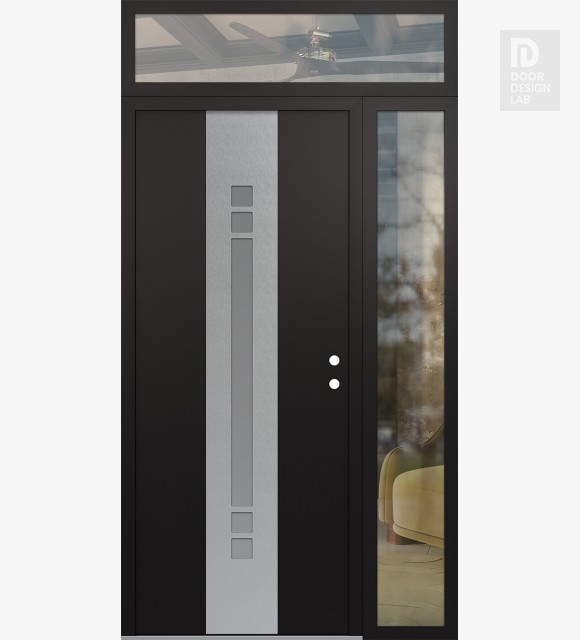 Modern Steel Front Door DIAMOND A4 52" X 96" BLACK/WHITE FROSTED GLASS PANEL STAINLESS STEEL LHI WITH SIDELITE AND TRANSOM CLEAR GLASS