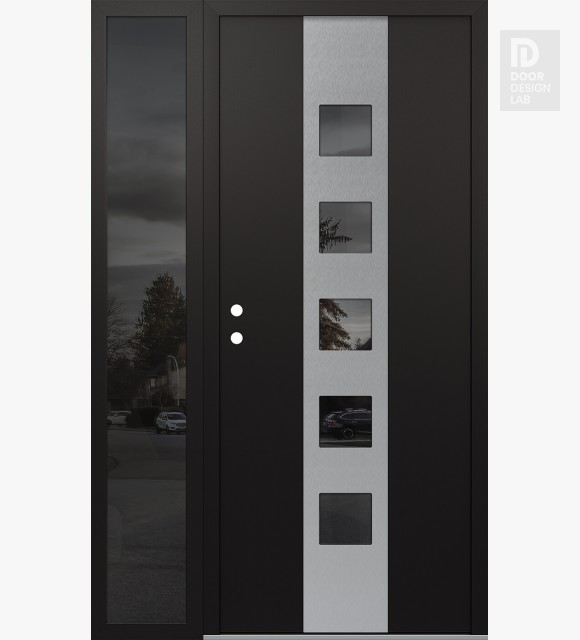 Modern Steel Front Door DIAMOND A13 48" X 80" BLACK/BLACK MIRRORED GLASS PANEL STAINLESS STEEL RHI WITH SIDELITE MIRRORED GLASS