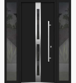 Front Exterior Prehung Steel Door / Deux 1755 Black Enamel / 2 Side Exterior Windows / Stainless Inserts Single Modern Painted-W12+36+12" x H80"-Left-hand Inswing