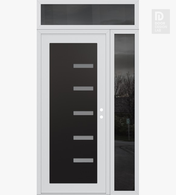 Modern Steel Front Door Diamond C8 50" x 96" white/white frosted Glass Panel black LHI with Sidelite and Transom mirrored Glass