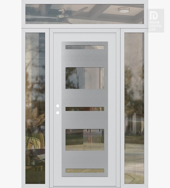 Modern Steel Front Door Diamond C10 68" x 96" white/white clear Glass Panel stainless steel RHI with 2 Sidelites and Transom clear Glass
