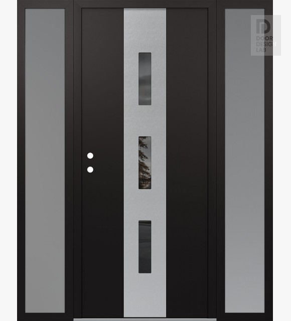 Modern Steel Front Door DIAMOND A7 68" X 80" BLACK/BLACK MIRRORED GLASS PANEL STAINLESS STEEL RHI WITH 2 SIDELITES FROSTED GLASS