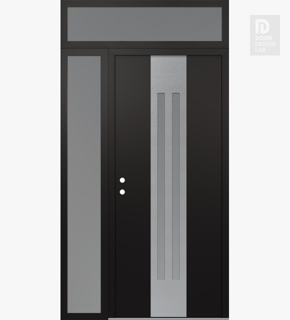 Modern Steel Front Door DIAMOND A8 52" X 96" BLACK/WHITE FROSTED GLASS PANEL STAINLESS STEEL RHI WITH SIDELITE AND TRANSOM FROSTED GLASS