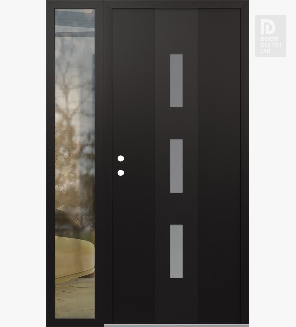 Modern Steel Front Door DIAMOND A7 48" X 80" BLACK/WHITE FROSTED GLASS PANEL BLACK RHI WITH SIDELITE CLEAR GLASS