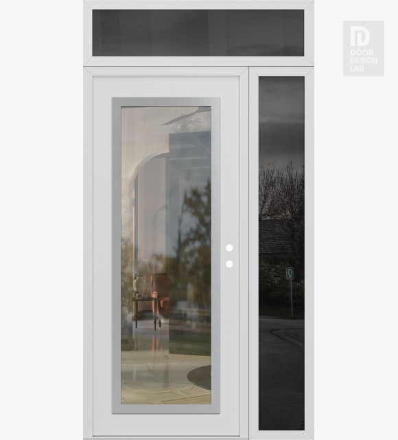 Modern Steel Front Door Diamond C1 50" x 96" white/white clear Glass Panel stainless steel LHI with Sidelite and Transom mirrored Glass
