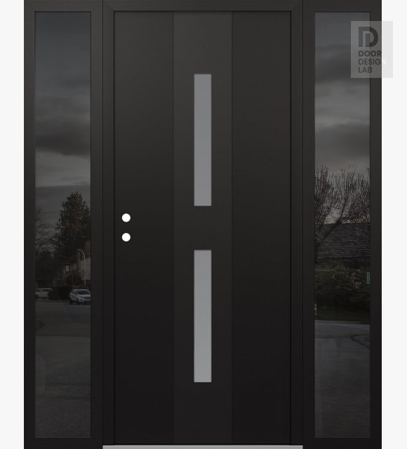 Modern Steel Front Door DIAMOND A6 68" X 80" BLACK/WHITE FROSTED GLASS PANEL BLACK RHI WITH 2 SIDELITES MIRRORED GLASS