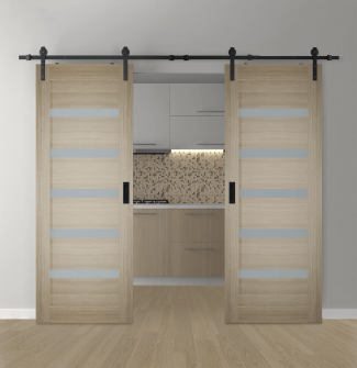 DOUBLE BARN DOOR LEORA VETRO SHAMBOR 36" X 80" X 1 3/4" BLACK HARDWARE