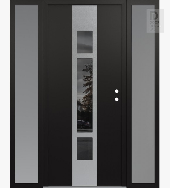 Modern Steel Front Door DIAMOND A9 64" X 80" BLACK/BLACK MIRRORED GLASS PANEL STAINLESS STEEL LHI WITH 2 SIDELITES FROSTED GLASS