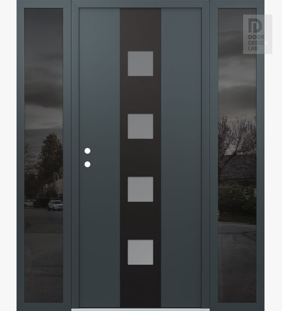 Modern Steel Front Door DIAMOND A12 64" X 80" ANTHRACITE/ANTHRACITE FROSTED GLASS PANEL BLACK RHI WITH 2 SIDELITES MIRRORED GLASS