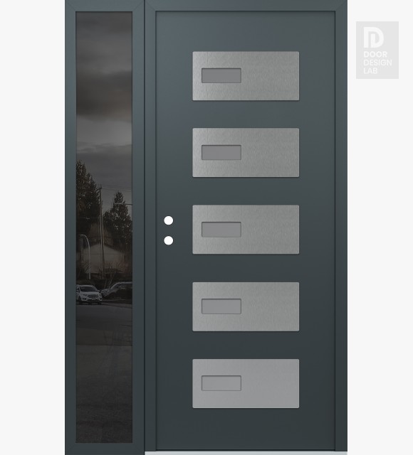 Modern Steel Front Door Diamond D7 50" x 80" anthracite/anthracite frosted Glass Panel stainless steel RHI with Sidelite mirrored Glass