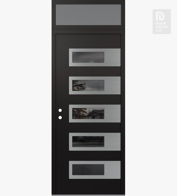 Modern Steel Front Door Diamond D3 36" x 96" black/black mirrored Glass Panel stainless steel RHI with Transom frosted Glass