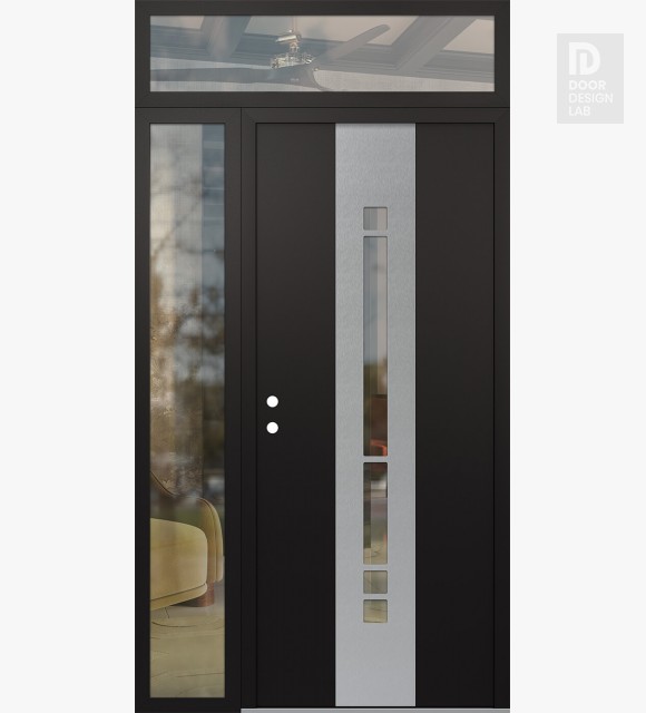 Modern Steel Front Door DIAMOND A3 52" X 96" BLACK/BLACK CLEAR GLASS PANEL STAINLESS STEEL RHI WITH SIDELITE AND TRANSOM CLEAR GLASS