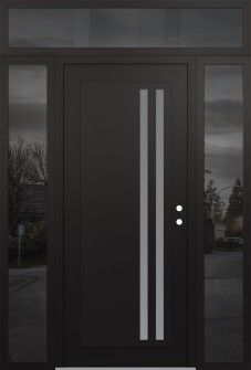 Diamond C6 64" x 96" black/white frosted Glass Panel black LHI with 2 Sidelites and Transom mirrored Glass