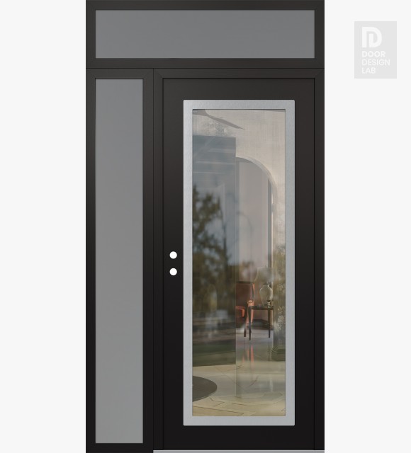 Modern Steel Front Door Diamond C1 50" x 96" black/black clear Glass Panel stainless steel RHI with Sidelite and Transom frosted Glass