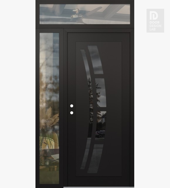 Modern Steel Front Door Diamond C12 50" x 96" black/black mirrored Glass Panel black RHI with Sidelite and Transom clear Glass