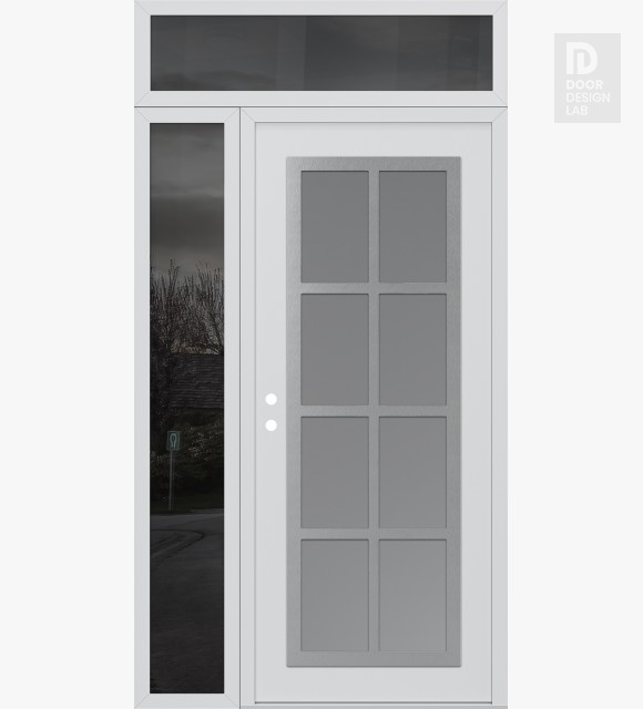 Modern Steel Front Door Diamond C16 50" x 96" white/white frosted Glass Panel stainless steel RHI with Sidelite and Transom mirrored Glass