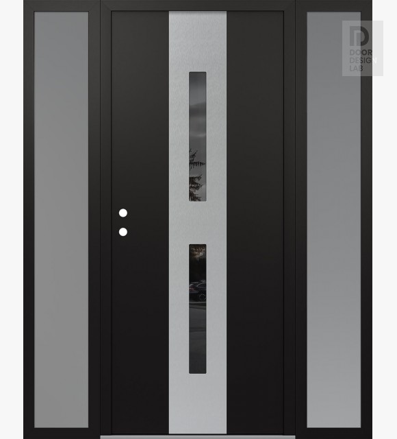 Modern Steel Front Door DIAMOND A6 64" X 80" BLACK/BLACK MIRRORED GLASS PANEL STAINLESS STEEL RHI WITH 2 SIDELITES FROSTED GLASS