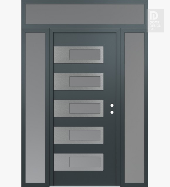 Modern Steel Front Door Diamond D3 68" x 96" anthracite/anthracite frosted Glass Panel stainless steel LHI with 2 Sidelites and Transom frosted Glass
