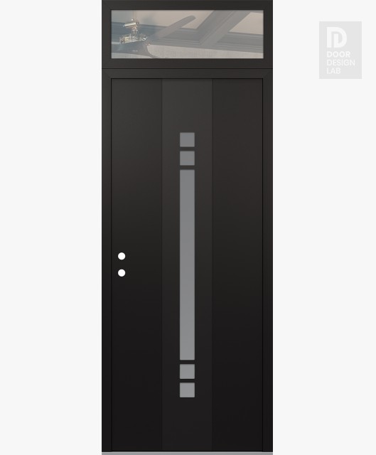 Modern Steel Front Door DIAMOND A4 36" X 96" BLACK/WHITE FROSTED GLASS PANEL BLACK RHI WITH TRANSOM CLEAR GLASS