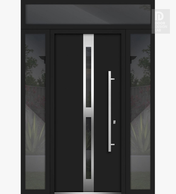 Front Exterior Prehung Steel Door / Deux 1755 Black Enamel / 2 Side and Top Exterior Window / Stainless Inserts Single Modern Painted-W14+36+14" x H80+16"-Left-hand Inswing