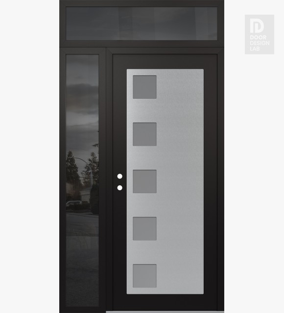 Modern Steel Front Door Diamond C5 52" x 96" black/white frosted Glass Panel stainless steel RHI with Sidelite and Transom mirrored Glass