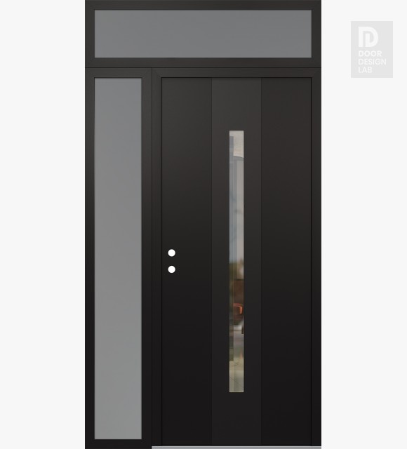 Modern Steel Front Door DIAMOND A2 52" X 96" BLACK/BLACK CLEAR GLASS PANEL BLACK RHI WITH SIDELITE AND TRANSOM FROSTED GLASS