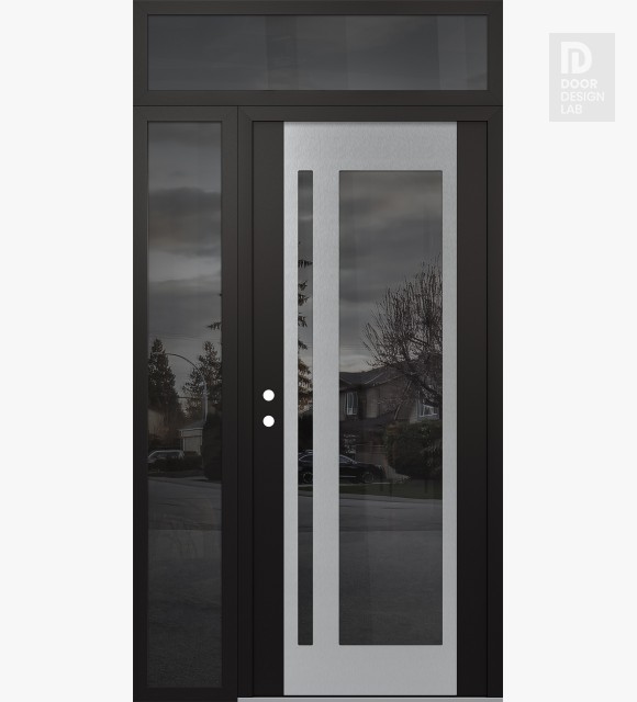 Modern Steel Front Door Diamond C15 52" x 96" black/black mirrored Glass Panel stainless steel RHI with Sidelite and Transom mirrored Glass