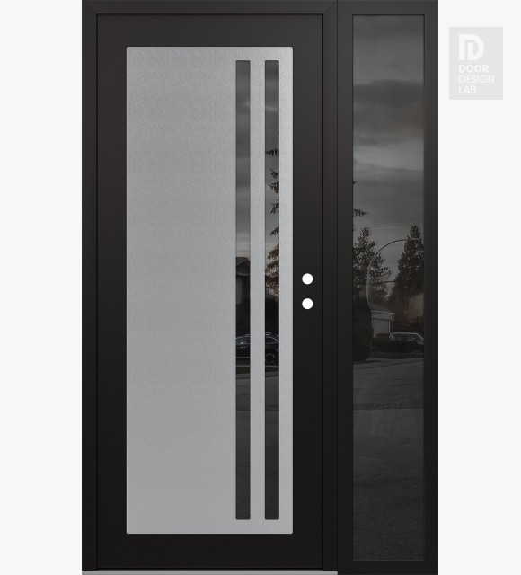 Modern Steel Front Door Diamond C6 50" x 80" black/black mirrored Glass Panel stainless steel LHI with Sidelite mirrored Glass
