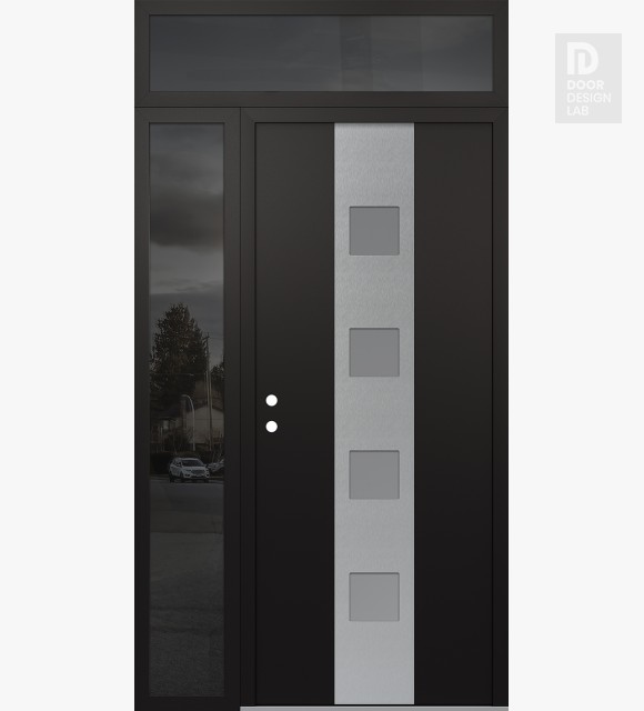 Modern Steel Front Door DIAMOND A12 50" X 96" BLACK/WHITE FROSTED GLASS PANEL STAINLESS STEEL RHI WITH SIDELITE AND TRANSOM MIRRORED GLASS
