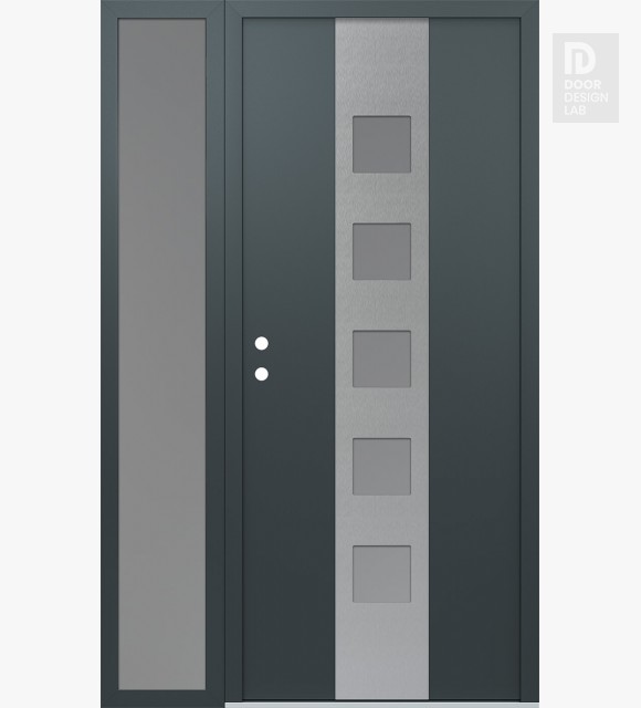 Modern Steel Front Door DIAMOND A13 52" X 80" ANTHRACITE/ANTHRACITE FROSTED GLASS PANEL STAINLESS STEEL RHI WITH SIDELITE FROSTED GLASS