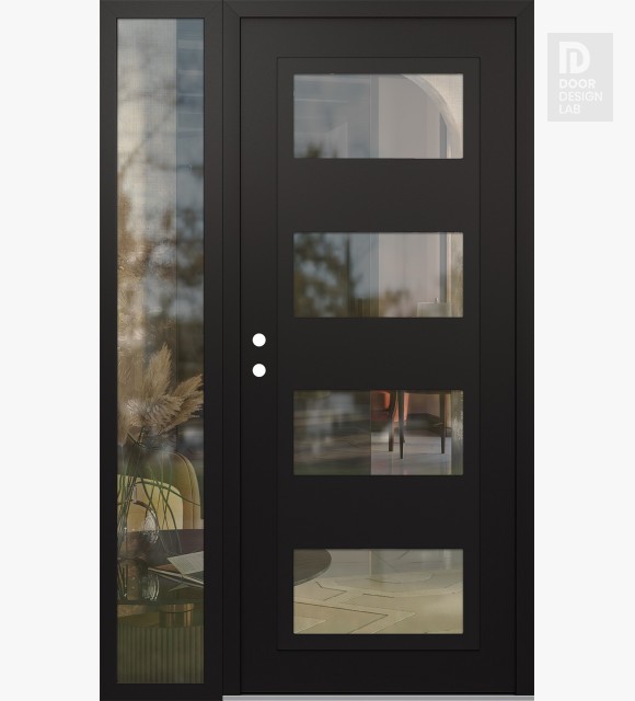 Modern Steel Front Door Diamond C2 52" x 80" black/black clear Glass Panel black RHI with Sidelite clear Glass