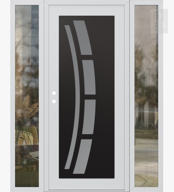 Modern Steel Front Door Diamond C12 68" x 80" white/white frosted Glass Panel black RHI with 2 Sidelites clear Glass