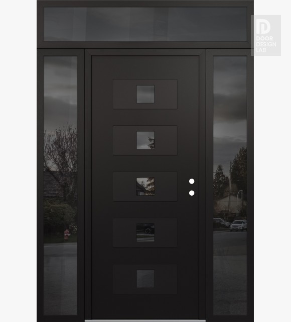 Modern Steel Front Door Diamond D8 68" x 96" black/black mirrored Glass Panel black LHI with 2 Sidelites and Transom mirrored Glass