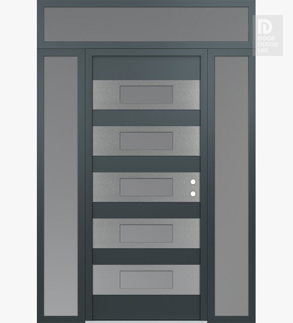 Modern Steel Front Door Diamond D5 60" x 96" anthracite/anthracite frosted Glass Panel stainless steel LHI with 2 Sidelites and Transom frosted Glass