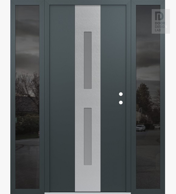 Modern Steel Front Door DIAMOND A6 64" X 80" ANTHRACITE/ANTHRACITE FROSTED GLASS PANEL STAINLESS STEEL LHI WITH 2 SIDELITES MIRRORED GLASS