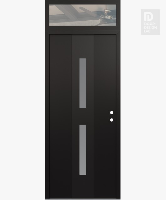 Modern Steel Front Door DIAMOND A6 36" X 96" BLACK/WHITE FROSTED GLASS PANEL BLACK LHI WITH TRANSOM CLEAR GLASS
