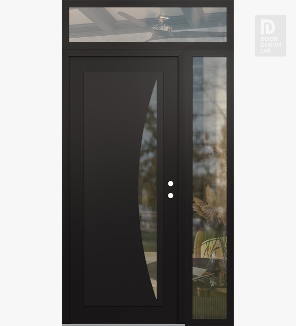 Modern Steel Front Door Diamond C13 48" x 96" black/black clear Glass Panel black LHI with Sidelite and Transom clear Glass