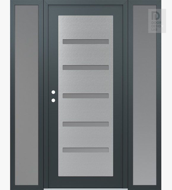 Modern Steel Front Door Diamond C7 64" x 80" anthracite/anthracite frosted Glass Panel stainless steel RHI with 2 Sidelites frosted Glass