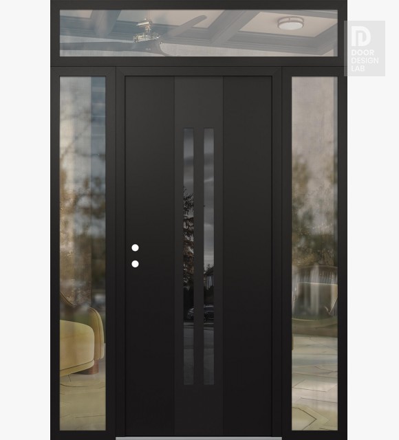 Modern Steel Front Door DIAMOND A8 64" X 96" BLACK/BLACK MIRRORED GLASS PANEL BLACK RHI WITH 2 SIDELITES AND TRANSOM CLEAR GLASS