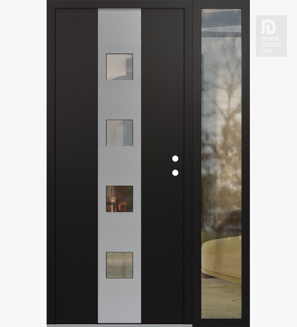 Modern Steel Front Door DIAMOND A12 52" X 80" BLACK/BLACK CLEAR GLASS PANEL STAINLESS STEEL LHI WITH SIDELITE CLEAR GLASS