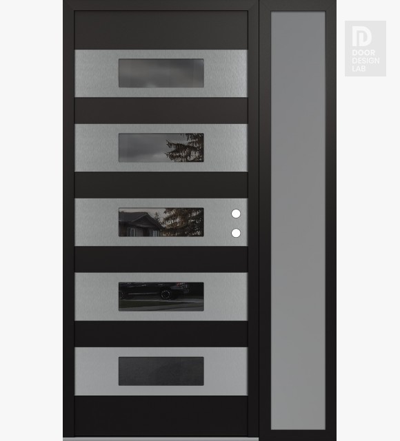 Modern Steel Front Door Diamond D5 52" x 80" black/black mirrored Glass Panel stainless steel LHI with Sidelite frosted Glass