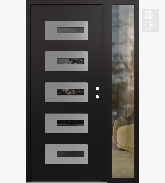 Modern Steel Front Door Diamond D6 52" x 80" black/black mirrored Glass Panel stainless steel LHI with Sidelite clear Glass