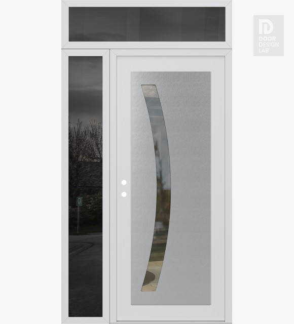 Modern Steel Front Door Diamond C4 50" x 96" white/white clear Glass Panel stainless steel RHI with Sidelite and Transom mirrored Glass